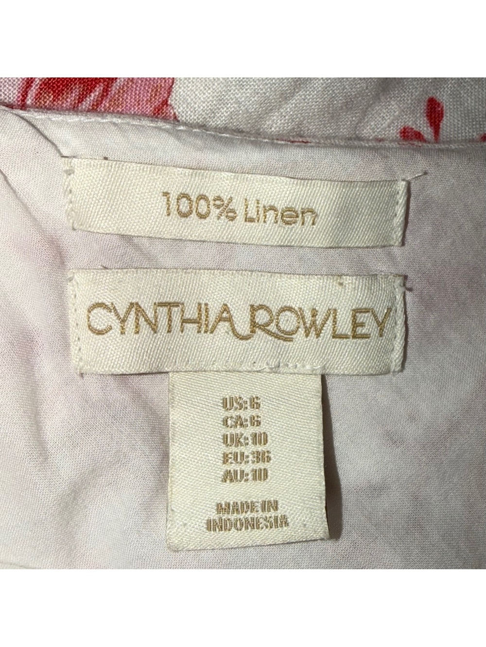 Cynthia Rowley 100% Linen Sleeveless Red/Cream Floral Midi, Size 6 - Picture 4 of 4
